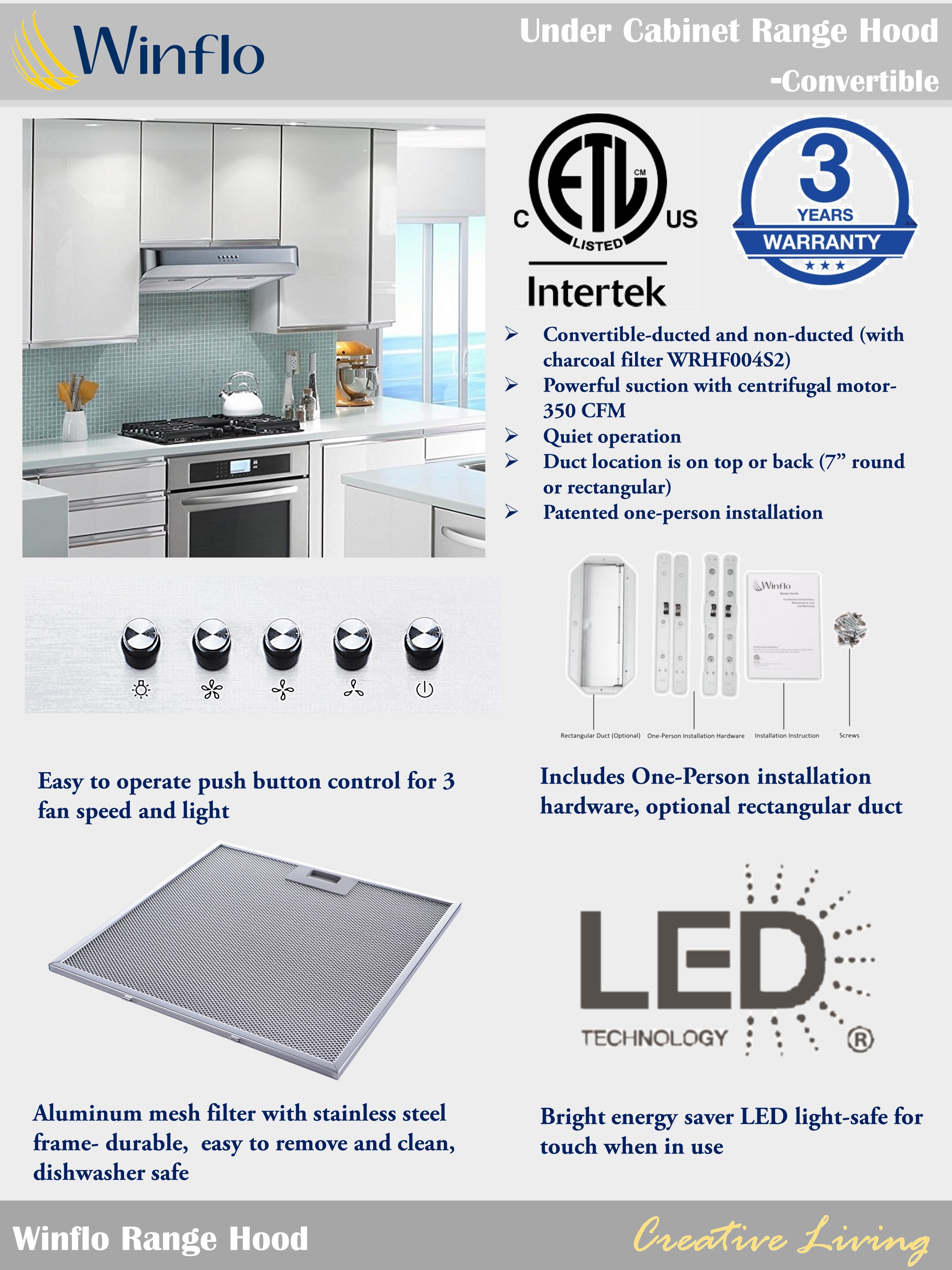 Winflo 30 in. Convertible Under Range Hood in Stainless Steel